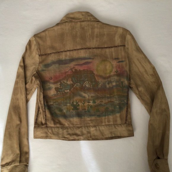 Vintage Western Themed Tan Denim Jacket Bronson of California - - Picture 5 of 14